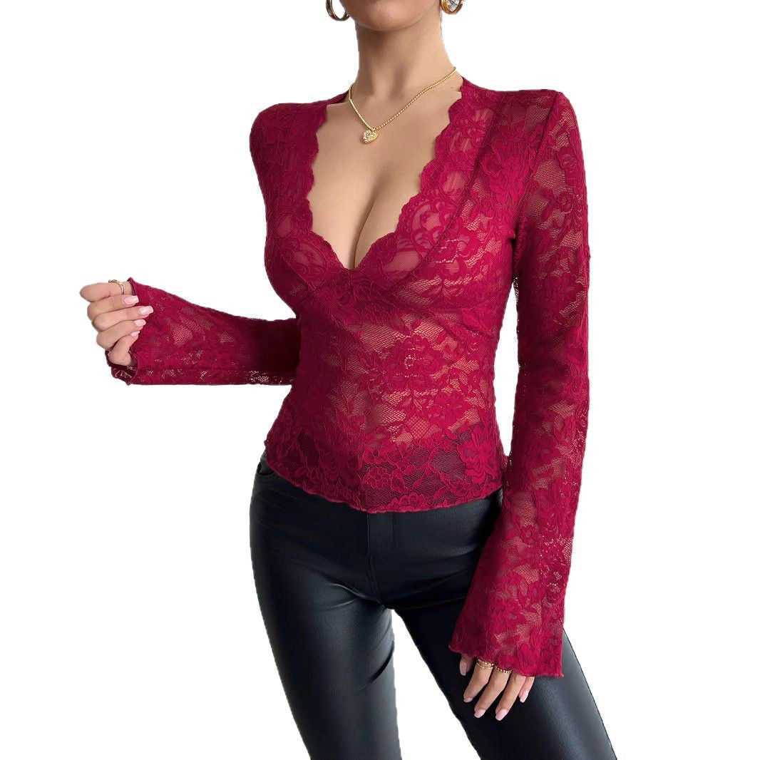 Damen nan tailliertes Spitzenshirt mit tiefem V-Ausschnitt, floraler Netzspitze und langen Ärmeln EB