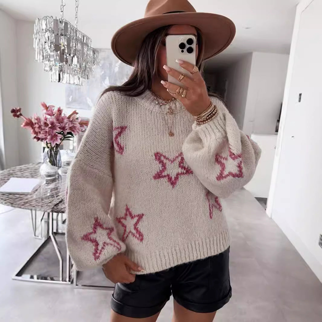 Damen Strickpullover mit Sternen-Design und weit ausgestellten Ärmeln EB