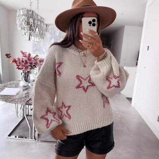 Damen Strickpullover mit Sternen-Design und weit ausgestellten Ärmeln EB