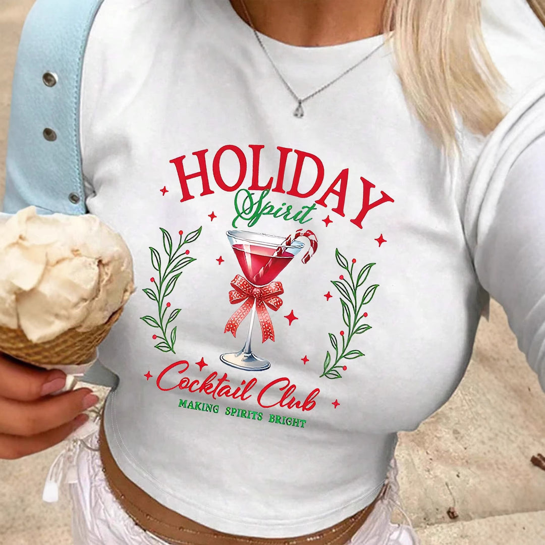 Damen Crop-Top mit kreativen Cocktail-Motiv und festlichem Aufdruck EB