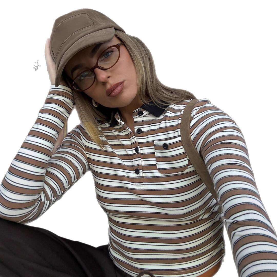 Damen nan gestreiftes Polo-Crop-Longsleeve mit kontrastkragen und Brusttasche EB
