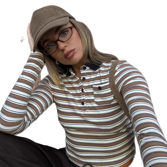 Damen nan gestreiftes Polo-Crop-Longsleeve mit kontrastkragen und Brusttasche EB