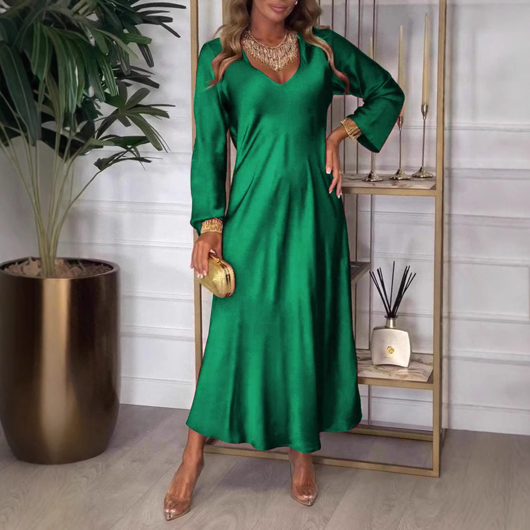 Damen elegantes Maxikleid mit tiefem V-Ausschnitt und fließendem Schnitt EB
