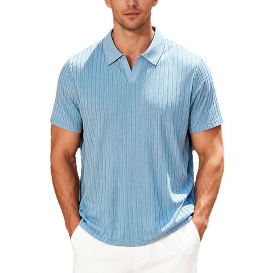 Herren Geripptes Kurzarm-Polohemd mit V-Ausschnitt und offener Kragenpartie EB