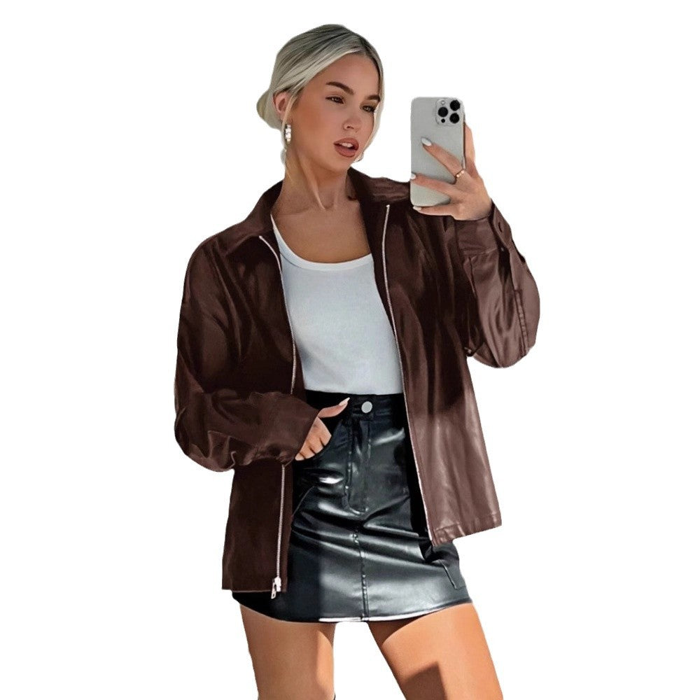Damen leichtgewichtige Kunstlederjacke mit modernem Reißverschluss EB