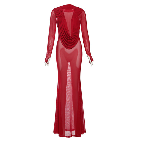 Damen Elegantes lange Kleid mit tiefem V-Ausschnitt und Raffungen EB