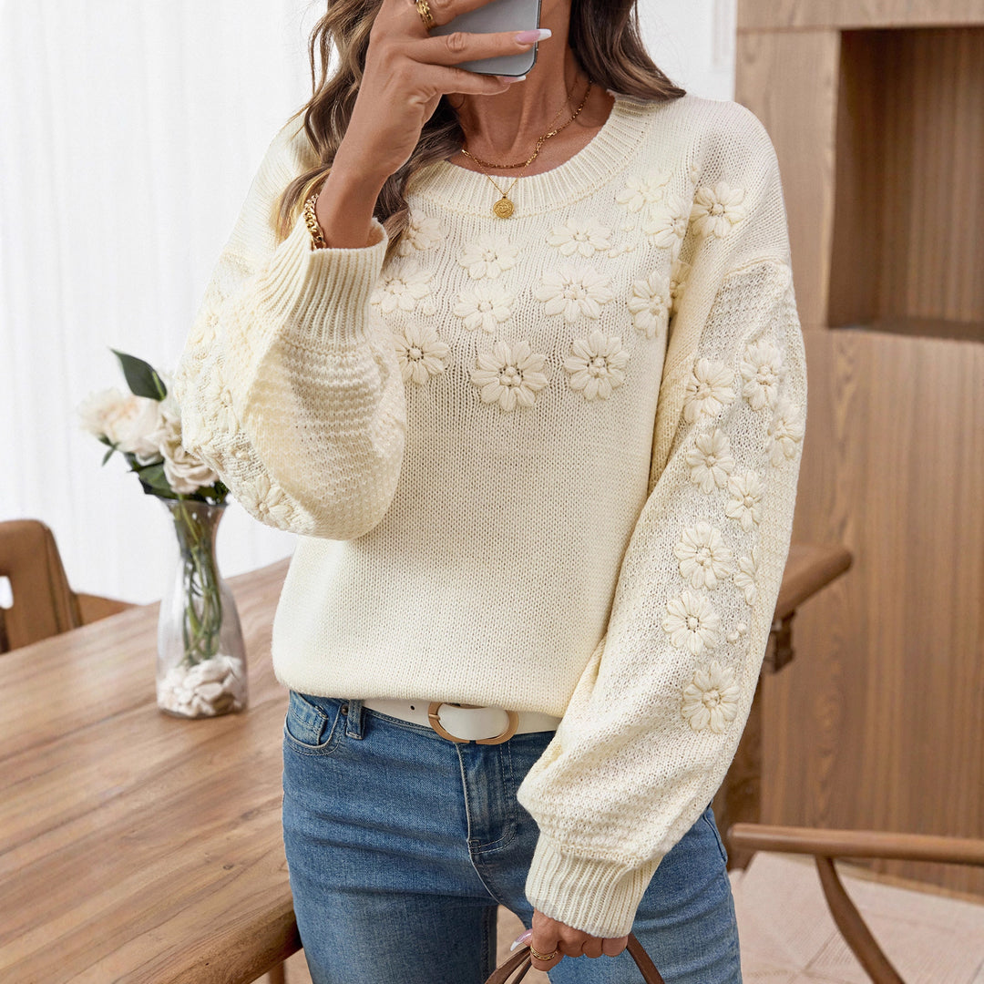 Damen modischer Pullover mit floralen Stickereien und strukturiertem Ärmel EB