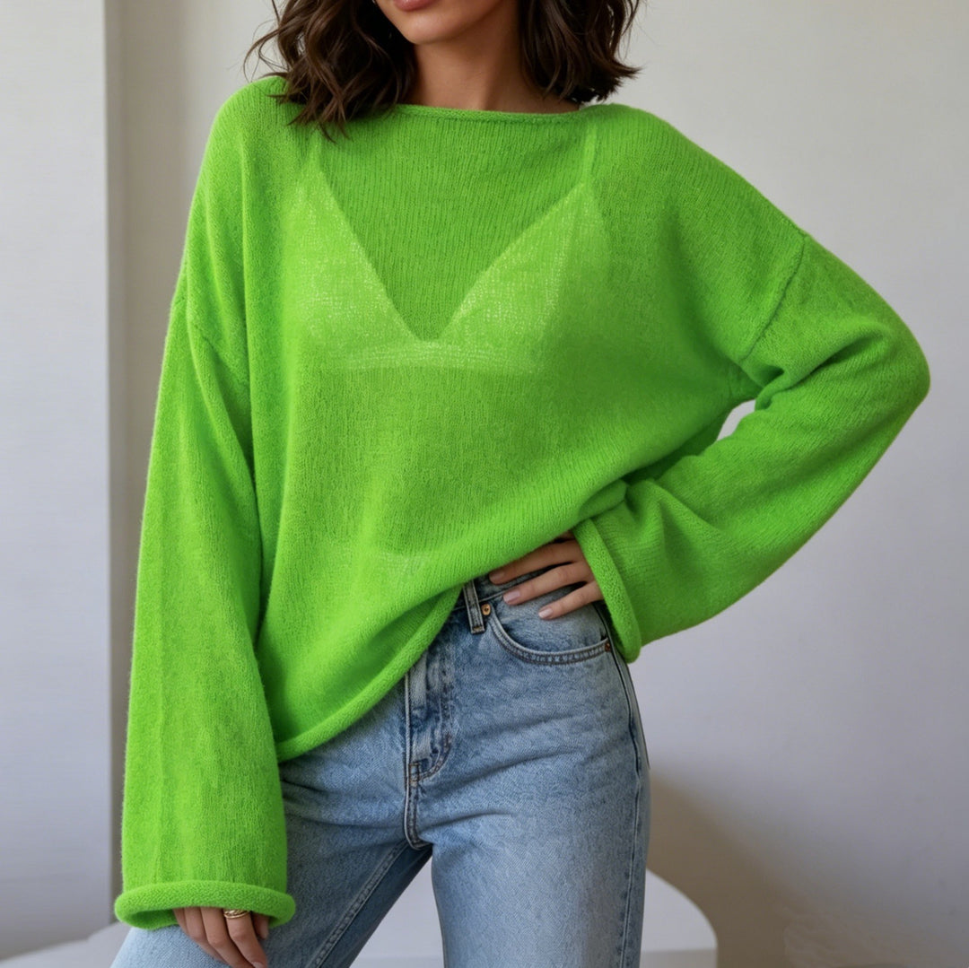 Damen luftiger Oversize-Feinstrickpullover mit weitem Arm und Rundhalsausschnitt EB