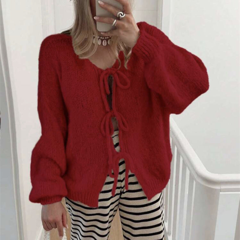 Damen Grobgestrickter Offener Cardigan mit Bindebändern, Oversize‑Silhouette und Raglanärmeln EB