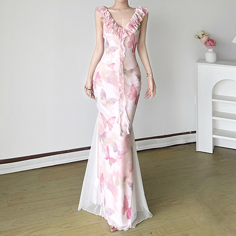 Damen Maxikleid aus transparentem Chiffon mit Rüschendetails und floralem Design EB