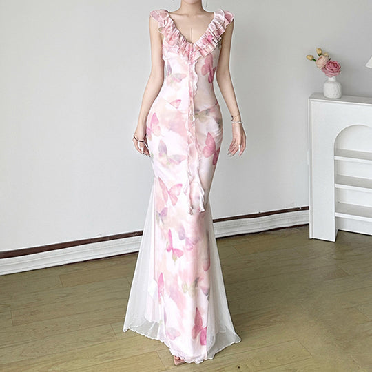 Damen Maxikleid aus transparentem Chiffon mit Rüschendetails und floralem Design EB