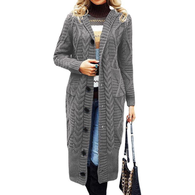Damen Eleganter Strickmantel mit tiefem V-Ausschnitt und aufwendigem Zopfmuster EB