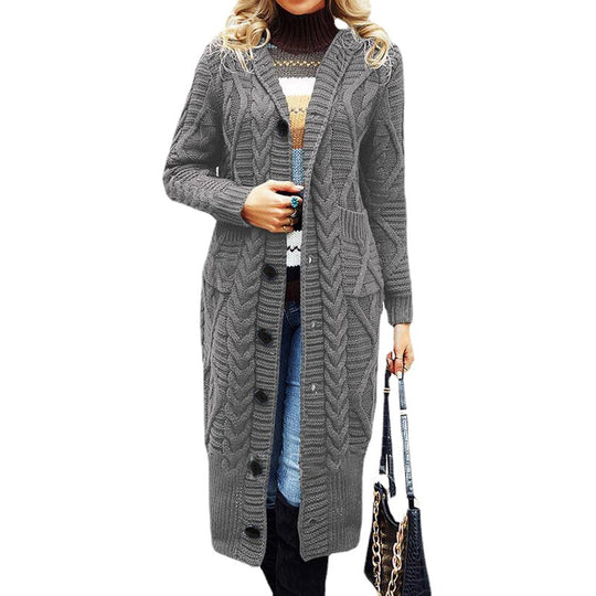Damen Eleganter Strickmantel mit tiefem V-Ausschnitt und aufwendigem Zopfmuster EB