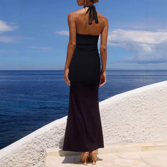 Damen Elegantes Maxi-Kleid mit sphärischem Halterneck und raffinierter Raffung EB