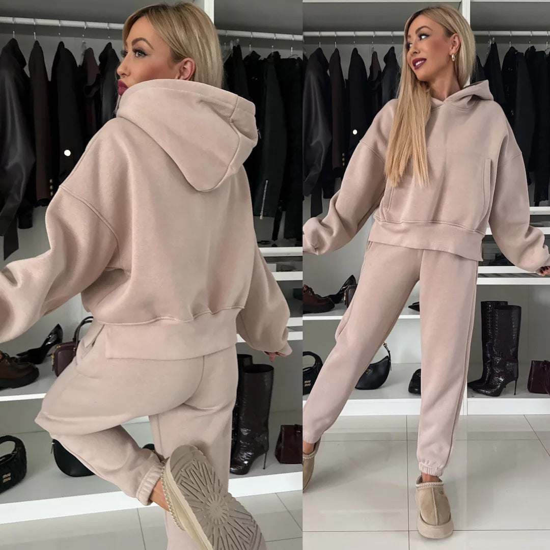 Damen Kurzgeschnittenes Kapuzen-Hoodie und High‑Waist Jogginghose Set aus weichem French-Terry EB
