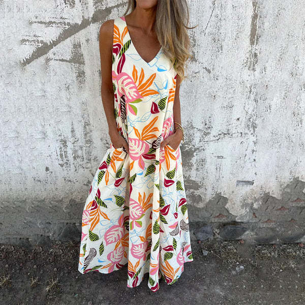 Damen luftiges Maxikleid mit floralem Muster und praktischen Taschen EB