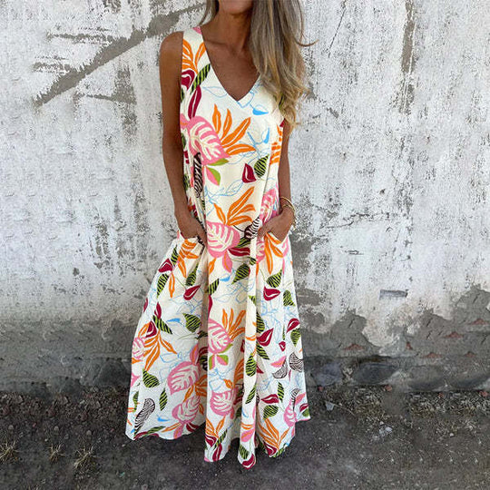 Damen luftiges Maxikleid mit floralem Muster und praktischen Taschen EB
