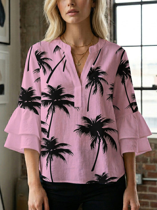 Damen Bluse mit voluminösen Rüschenärmeln und modernem Motiv EB