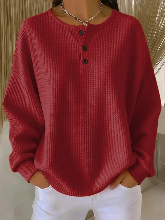 Damen nan Oversized Waffelstrick Henley-Pullover mit Knopfleiste und abgerundetem Saum EB