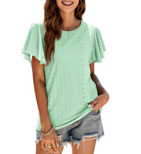Damen Kurzärmlige Bluse mit Rüschendetails und Lochmuster EB