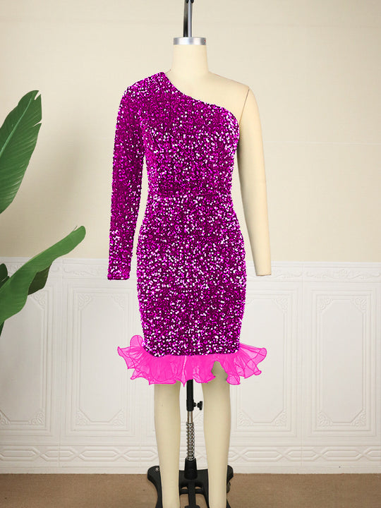 Damen Glamouröser Abendkleid mit funkelnden Pailletten und Rüschenabschluss EB