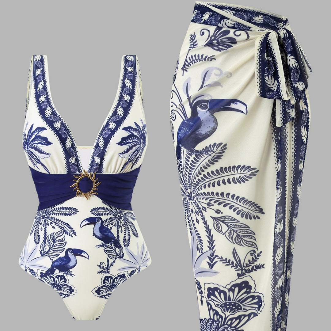 Damen Einteiliger Badeanzug mit floralem Design und elegantem Wickelrock EB