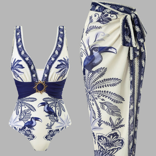 Damen Einteiliger Badeanzug mit floralem Design und elegantem Wickelrock EB