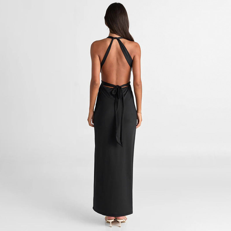 Damen Elegantes Maxikleid mit tiefem V-Ausschnitt und dekorativen Trägern EB