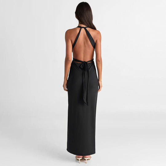 Damen Elegantes Maxikleid mit tiefem V-Ausschnitt und dekorativen Trägern EB