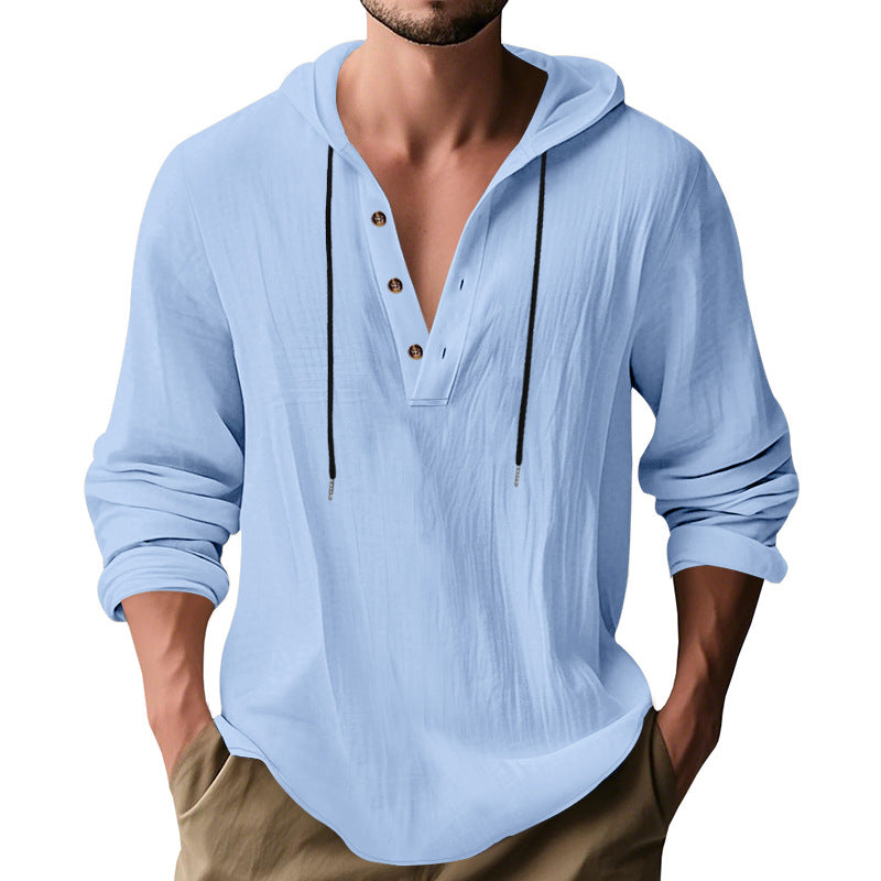 Herren nan lässiges Leinenhemd mit Kapuze und Henley-Knopfleiste EB