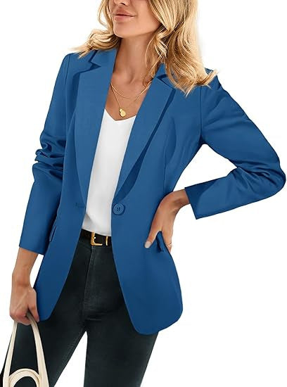 Damen Leichter Stretch-Blazer mit Schalkragen, Ein-Knopf-Verschluss und dreiviertelärmeln EB