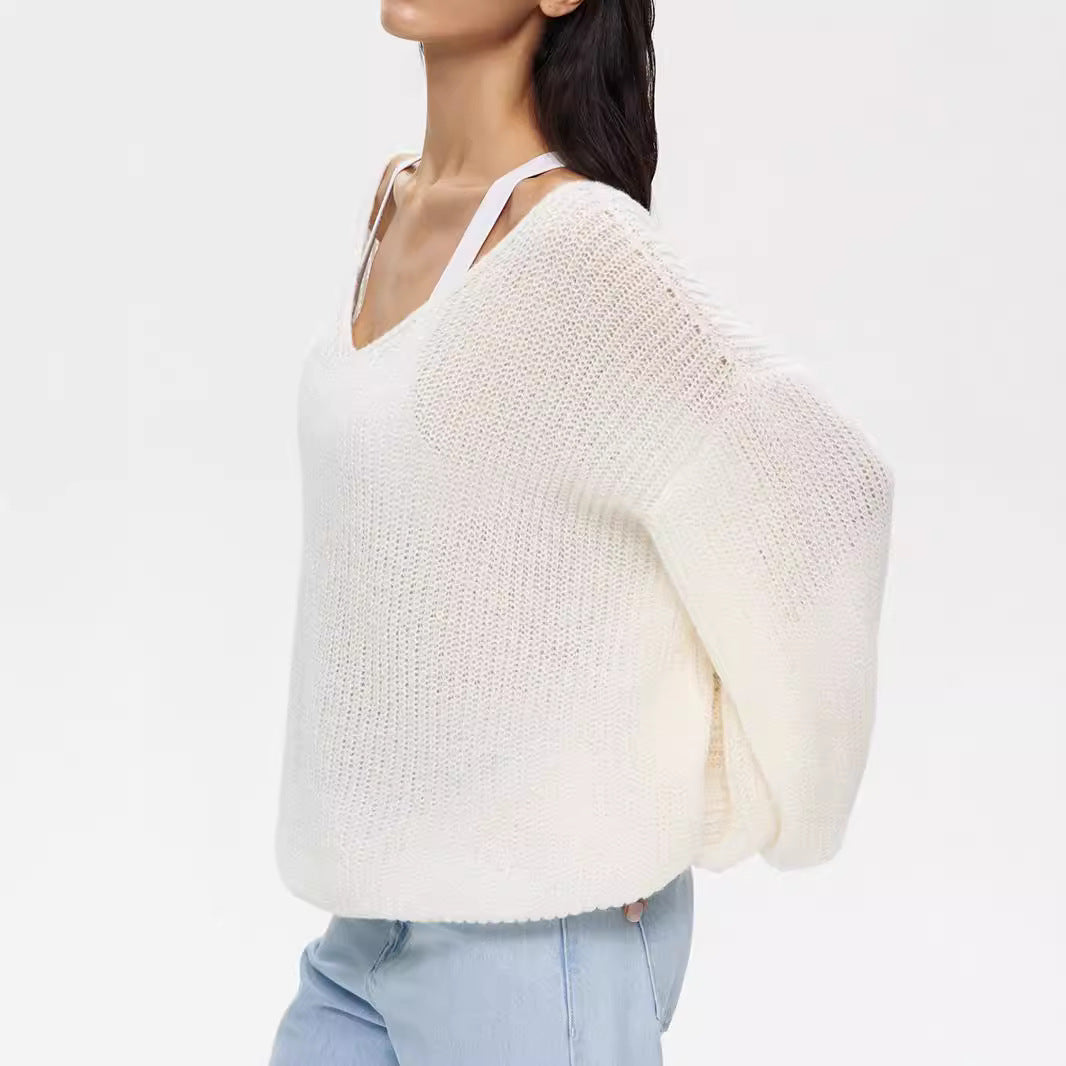 Damen lässiger Strickpullover mit weiten Ärmeln und tiefem V-Ausschnitt EB