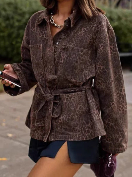 Damen Hemdjacke im Leopardenmuster mit Taillengürtel EB