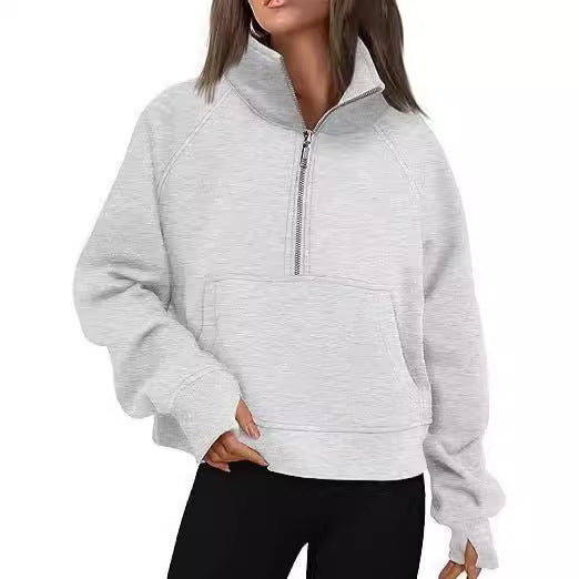 Damen nan oversized Halbzip Pullover mit Kängurutasche, Daumenlöchern und hohem Kragen EB
