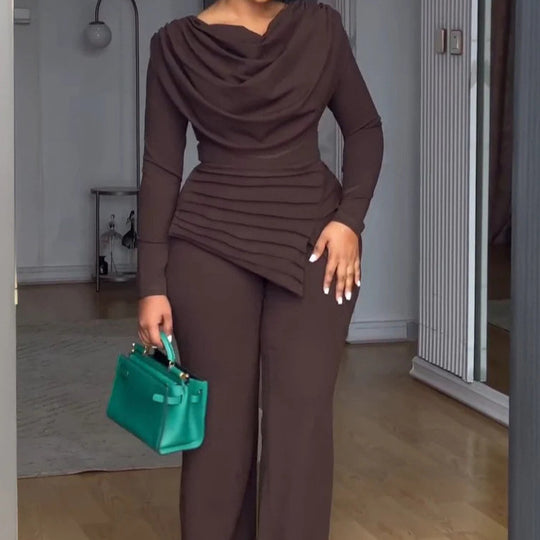 Damen Zweiteiliges Ensemble mit Wasserfall-Drapé-Oberteil, abgestuftem Peplum und gerader Bundfalten-Hose EB