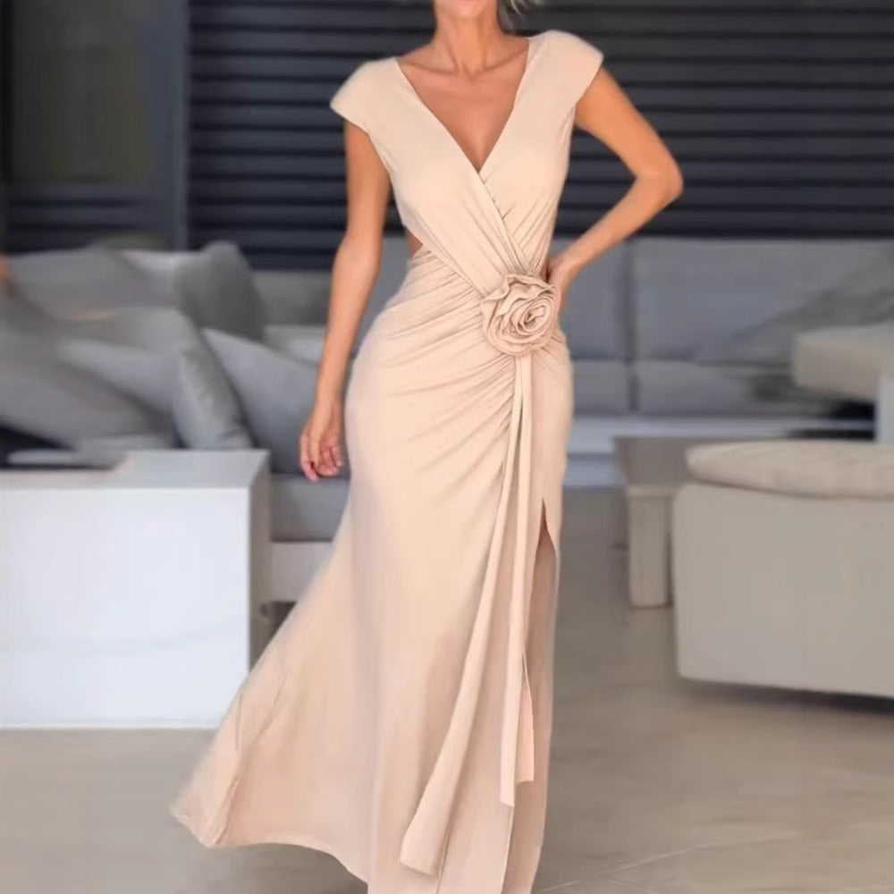 Damen Elegantes Maxikleid mit raffiniertem Wickeldesign und Blumenapplikation EB