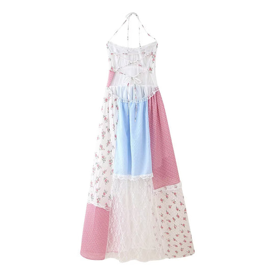 Damen Maxikleid mit floralen und karierter Patchwork-Optik EB