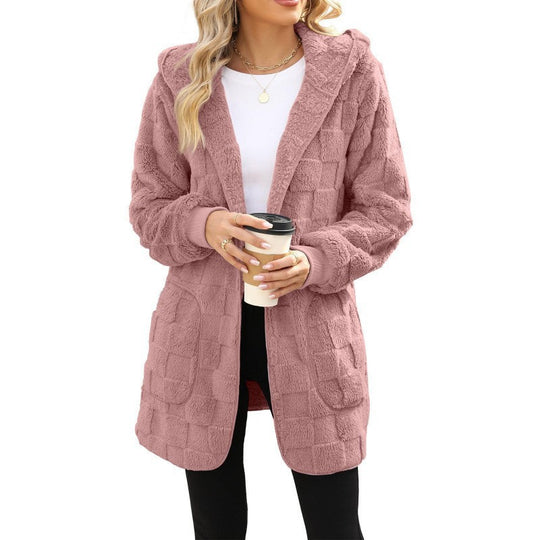 Damen nan kuschelige Kapuzen-Longjacke aus Teddyfleece mit aufgesetzten Taschen und strukturierter Karooptik EB