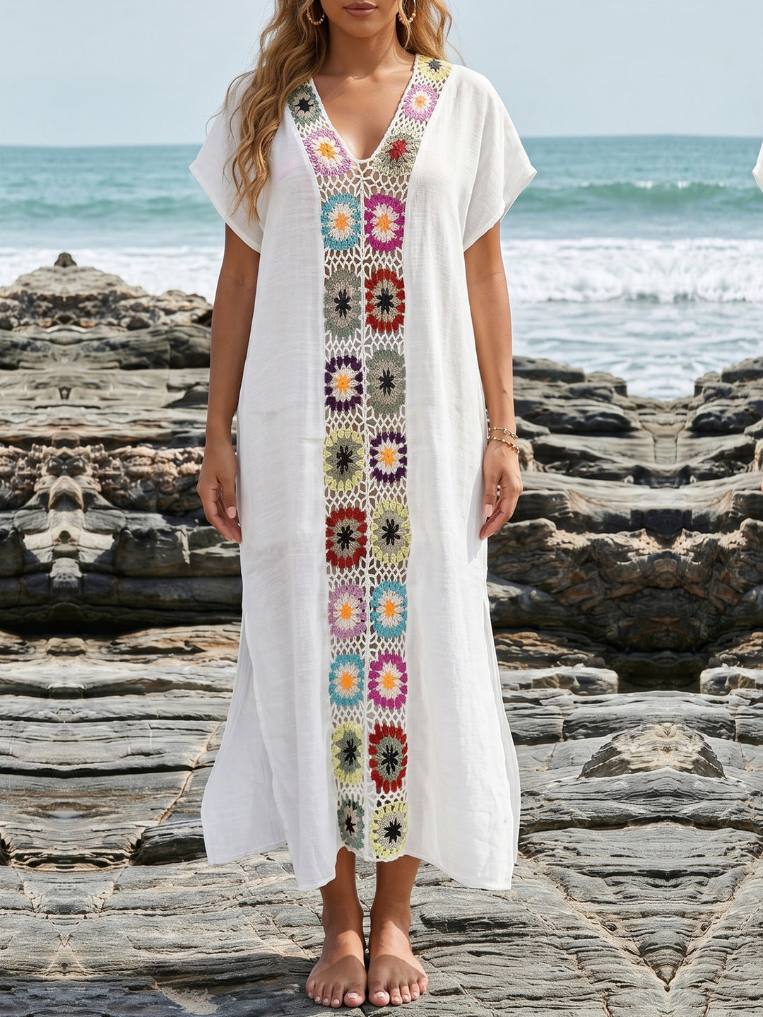 Damen Häkel-Strandkimono mit floralem Patchwork-Design EB
