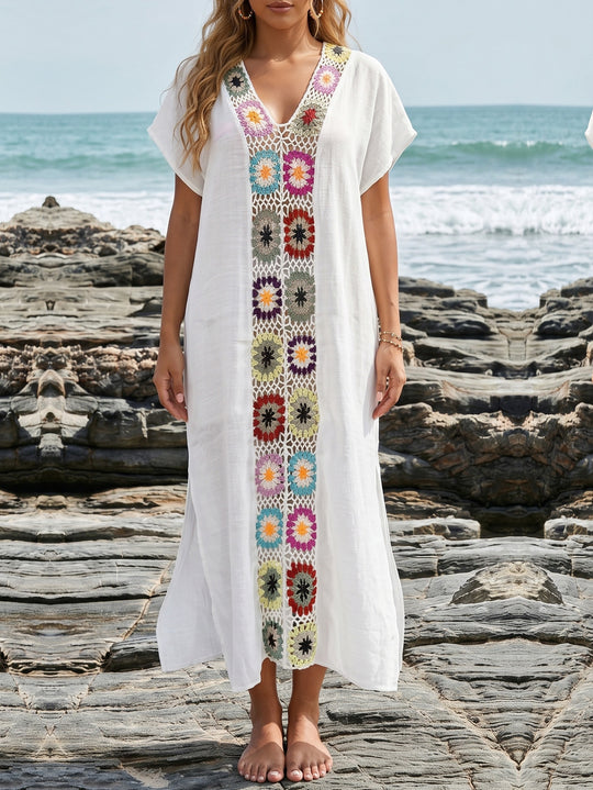 Damen Häkel-Strandkimono mit floralem Patchwork-Design EB