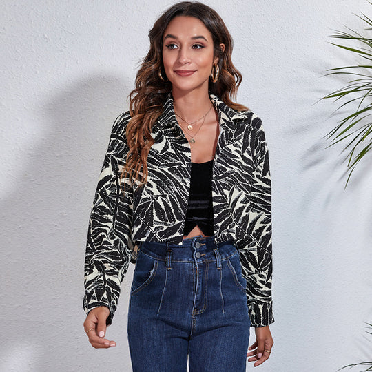 Damen Modische Bluse mit tropischem Blattmuster und lässigem Schnitt EB