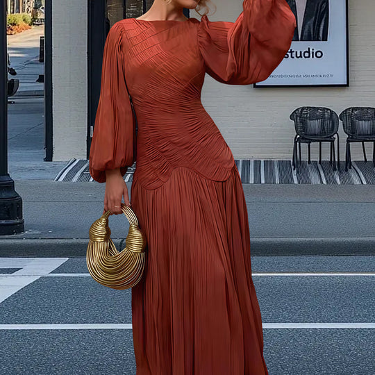 Damen Elegantes Plissiertes Maxikleid mit Raffungen und langen Ärmeln EB