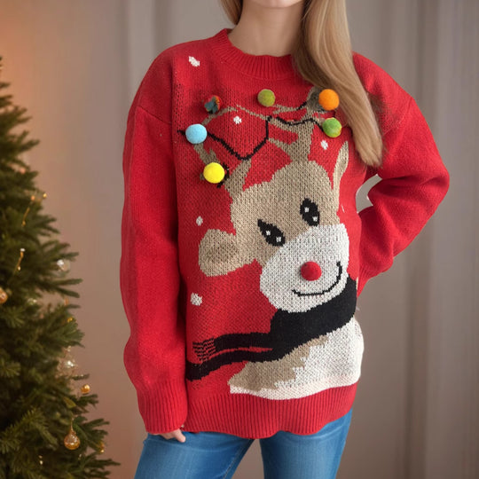 Damen weihnachtlicher Pullover mit einzigartigem Rentiermotiv und bunten Applikationen EB