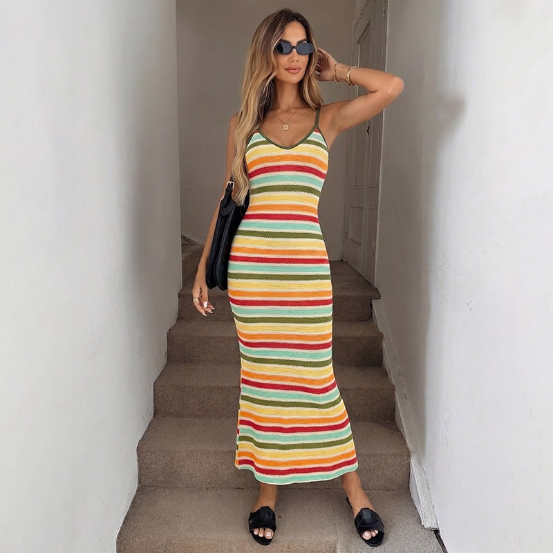 Damen Strick-Kleid im lässigen Streifenmuster mit schmalen Spaghetti-Trägern EB