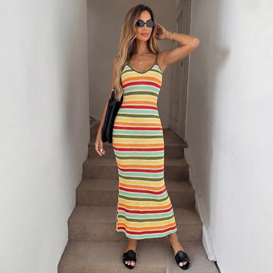 Damen Strick-Kleid im lässigen Streifenmuster mit schmalen Spaghetti-Trägern EB