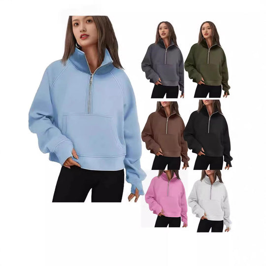 Damen nan oversized Halbzip Pullover mit Kängurutasche, Daumenlöchern und hohem Kragen EB