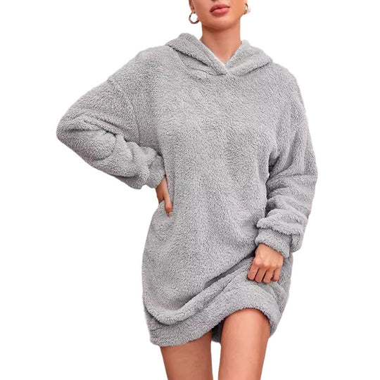 Damen Flauschiger Hoodie-Kleid mit Kapuze und praktischen Taschen EB