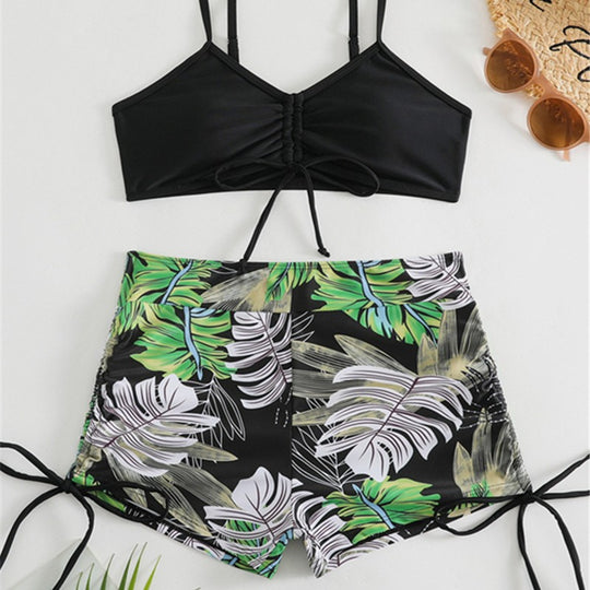 Damen Bikini-Set mit rüschenverziertem Oberteil und modischen Shorts EB