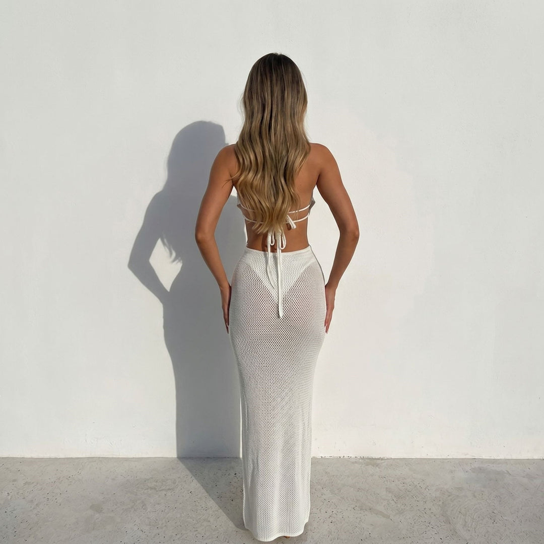 Damen figurbetontes Strickkleid mit transparenten Elementen EB