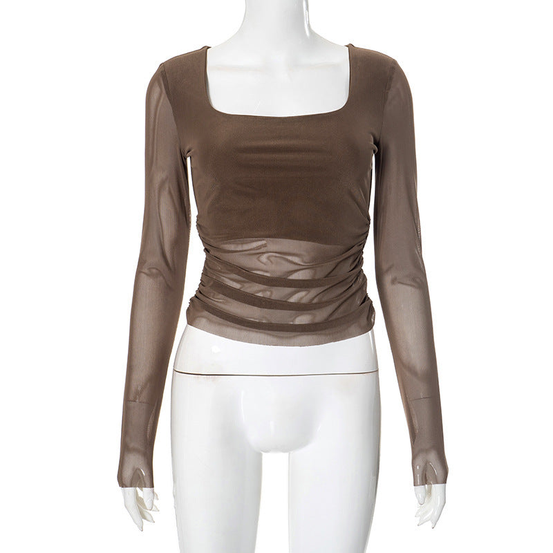 Damen Langarmoberteil mit gerafftem Design und elegantem Quadrat-Ausschnitt EB
